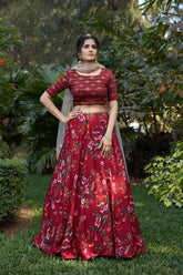 Maroon Print And Foil Work Silk Crepe Lehenga